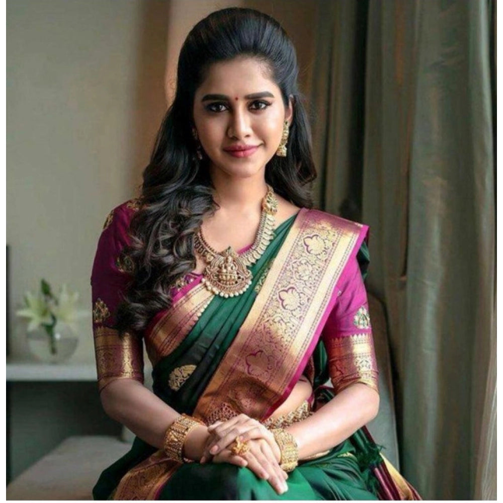 Generic Women's Soft Litchi Silk Jacquard Work Saree With Unstitched Blouse 5.5Mtr (Green)