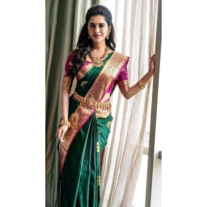 Generic Women's Soft Litchi Silk Jacquard Work Saree With Unstitched Blouse 5.5Mtr (Green)