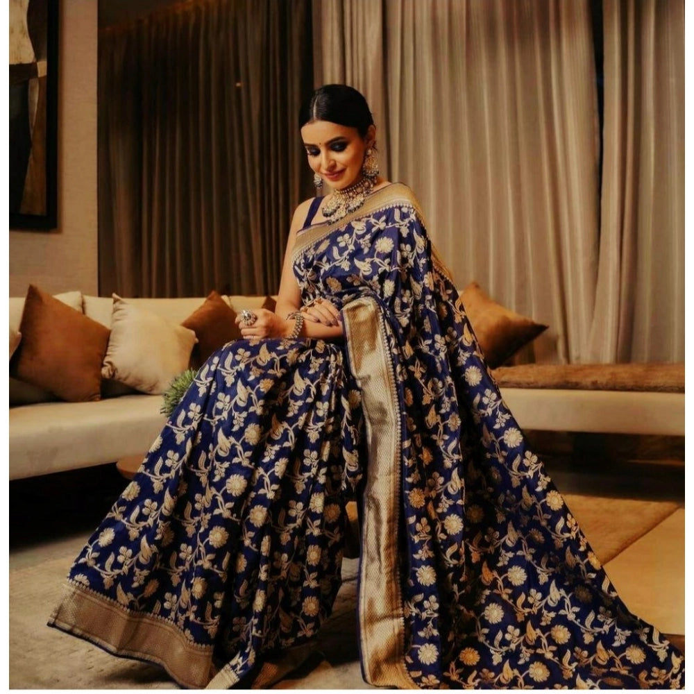 Generic Women's Soft Litchi Silk Jacquard Work Saree With Unstitched Blouse 5.5Mtr (Blue)