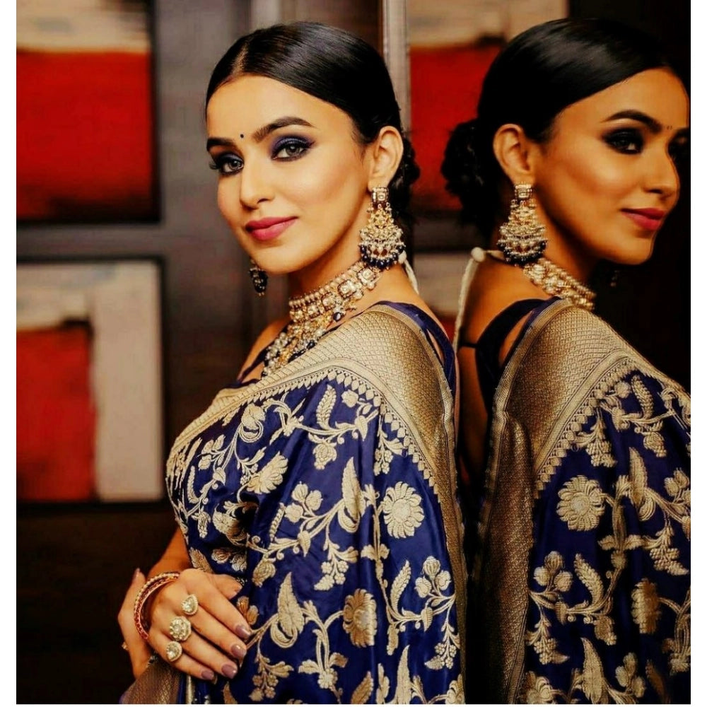 Generic Women's Soft Litchi Silk Jacquard Work Saree With Unstitched Blouse 5.5Mtr (Blue)