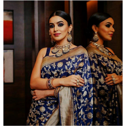 Generic Women's Soft Litchi Silk Jacquard Work Saree With Unstitched Blouse 5.5Mtr (Blue)