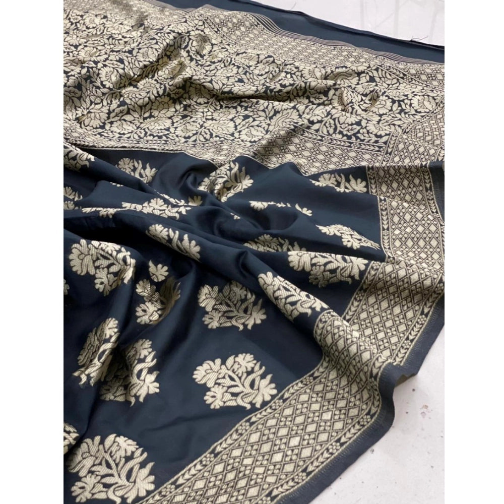 Generic Women's Soft Litchi Silk Jacquard Work Saree With Unstitched Blouse 5.5Mtr (Black)