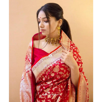 Generic Women's Soft Litchi Silk Jacquard Work Saree With Unstitched Blouse 5.5Mtr (Red)