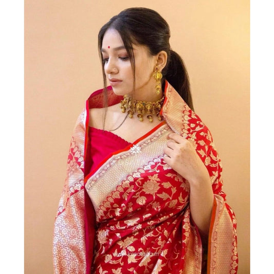 Generic Women's Soft Litchi Silk Jacquard Work Saree With Unstitched Blouse 5.5Mtr (Red)