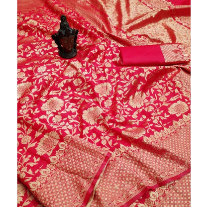 Generic Women's Soft Litchi Silk Jacquard Work Saree With Unstitched Blouse 5.5Mtr (Red)