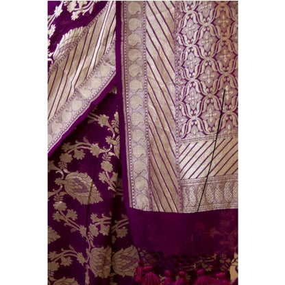 Generic Women's Soft Litchi Silk Jacquard Work Saree With Unstitched Blouse 5.5Mtr (Purple)