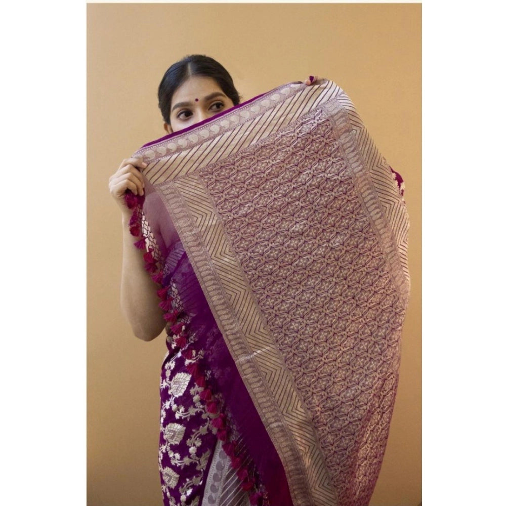 Generic Women's Soft Litchi Silk Jacquard Work Saree With Unstitched Blouse 5.5Mtr (Purple)