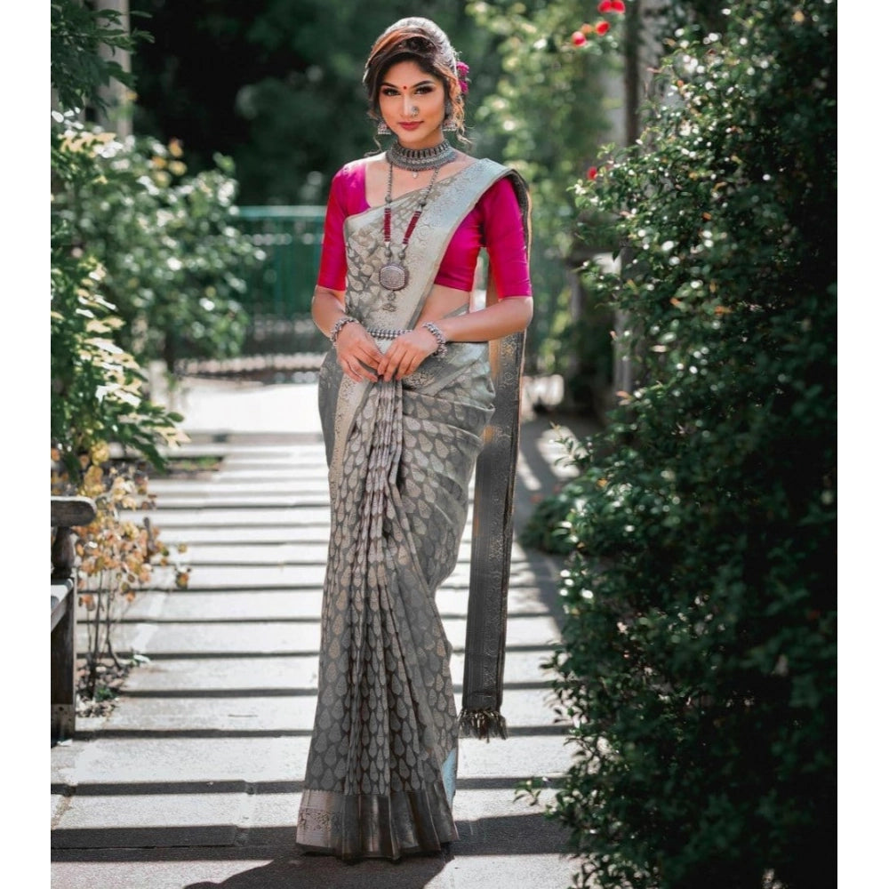 Generic Women's Soft Litchi Silk Jacquard Work Saree With Unstitched Blouse 5.5Mtr (Gray)
