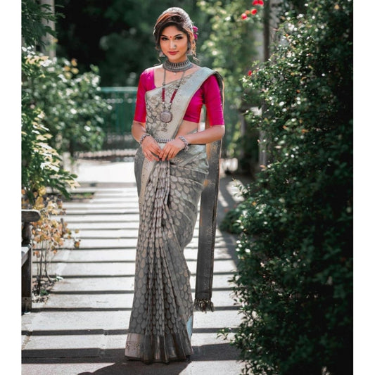 Generic Women's Soft Litchi Silk Jacquard Work Saree With Unstitched Blouse 5.5Mtr (Gray)