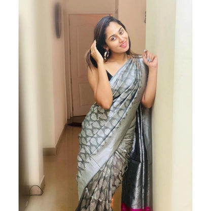 Generic Women's Soft Litchi Silk Jacquard Work Saree With Unstitched Blouse 5.5Mtr (Gray)