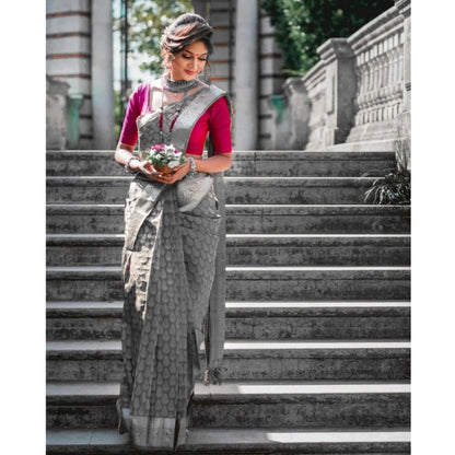 Generic Women's Soft Litchi Silk Jacquard Work Saree With Unstitched Blouse 5.5Mtr (Gray)
