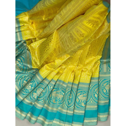 Generic Women's Soft Litchi Silk Jacquard Work Saree With Unstitched Blouse 5.5Mtr (Yellow)