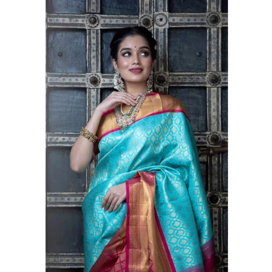 Generic Women's Soft Litchi Silk Jacquard Work Saree With Unstitched Blouse 5.5Mtr (Sky Blue)