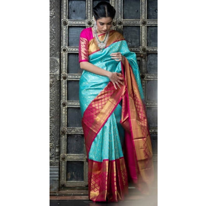 Generic Women's Soft Litchi Silk Jacquard Work Saree With Unstitched Blouse 5.5Mtr (Sky Blue)
