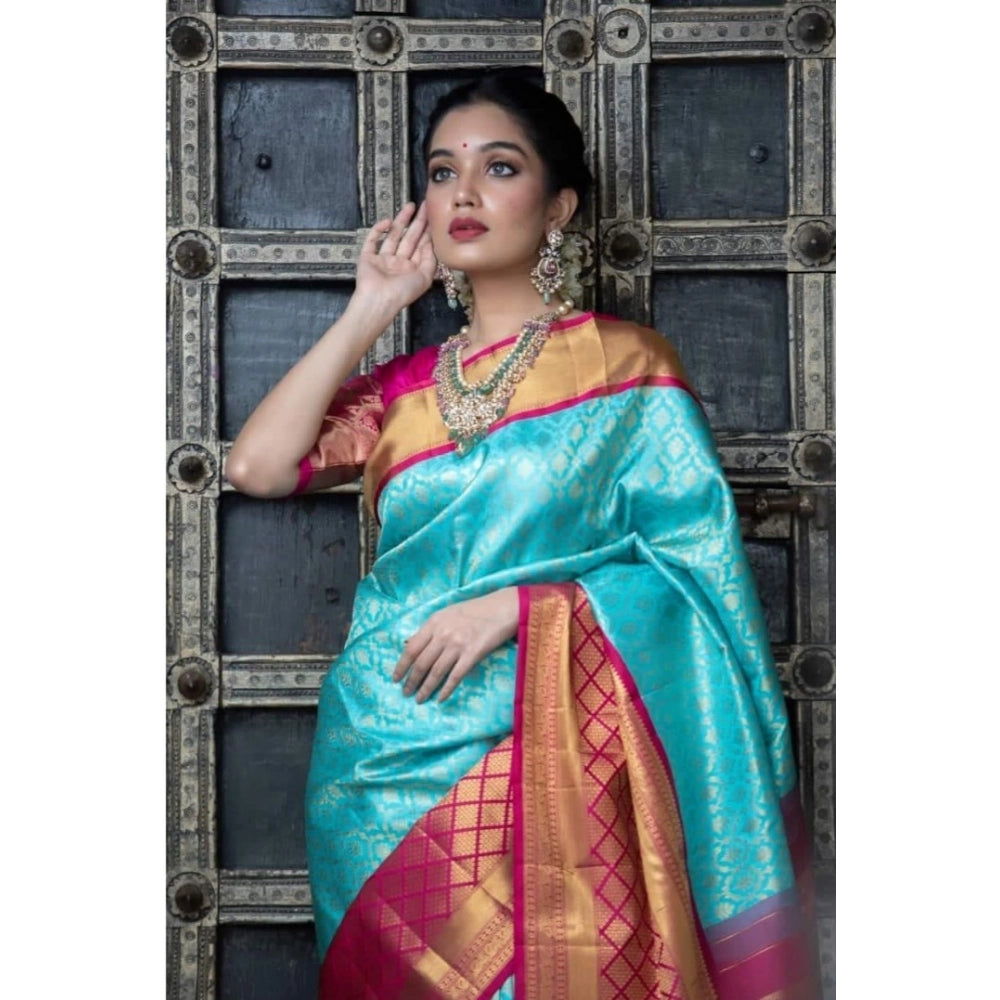 Generic Women's Soft Litchi Silk Jacquard Work Saree With Unstitched Blouse 5.5Mtr (Sky Blue)