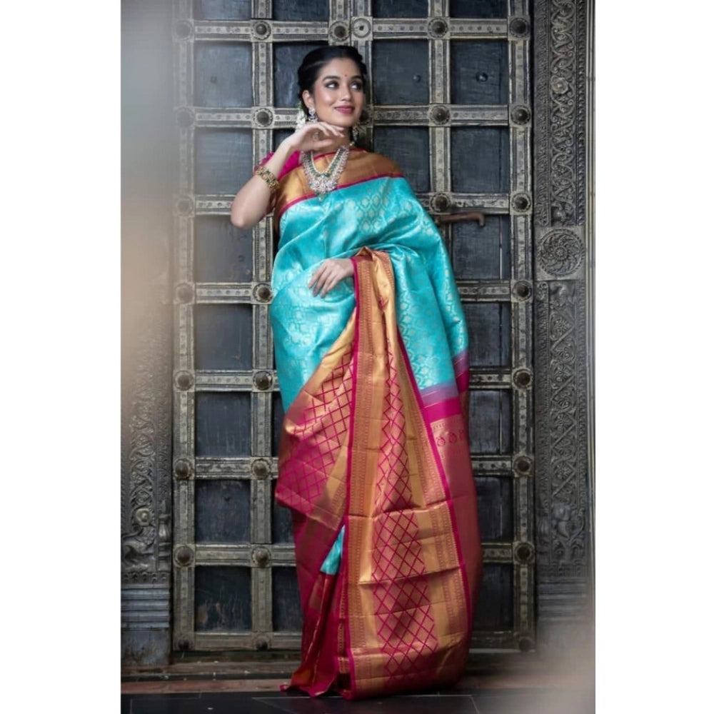 Generic Women's Soft Litchi Silk Jacquard Work Saree With Unstitched Blouse 5.5Mtr (Sky Blue)