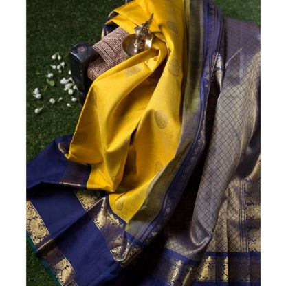 Generic Women's Soft Litchi Silk Jacquard Work Saree With Unstitched Blouse 5.5Mtr (Yellow)