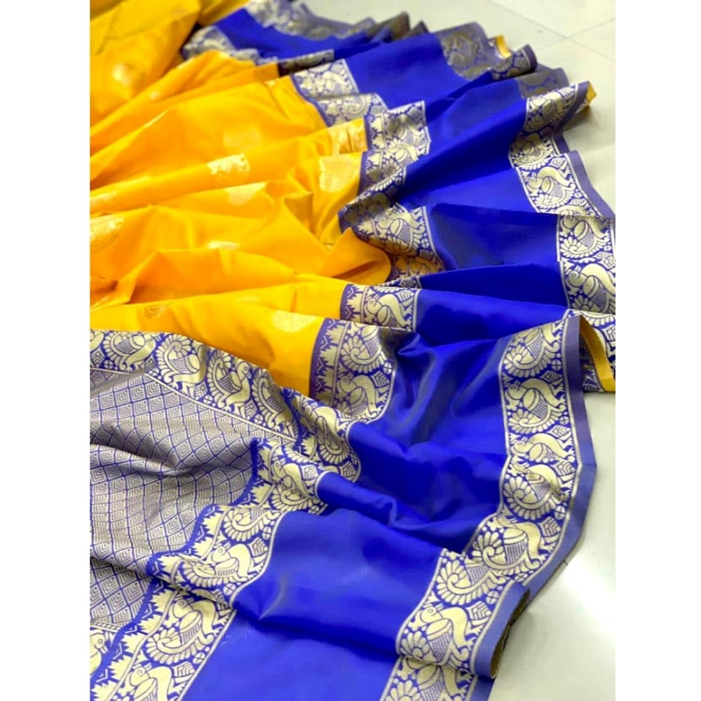 Generic Women's Soft Litchi Silk Jacquard Work Saree With Unstitched Blouse 5.5Mtr (Yellow)