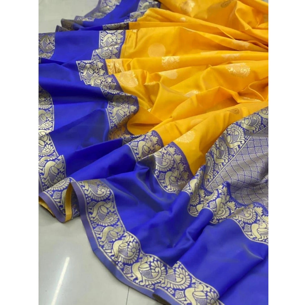 Generic Women's Soft Litchi Silk Jacquard Work Saree With Unstitched Blouse 5.5Mtr (Yellow)