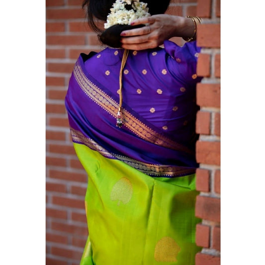 Generic Women's Soft Litchi Silk Jacquard Work Saree With Unstitched Blouse 5.5Mtr (Green)