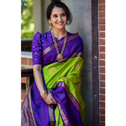 Generic Women's Soft Litchi Silk Jacquard Work Saree With Unstitched Blouse 5.5Mtr (Green)