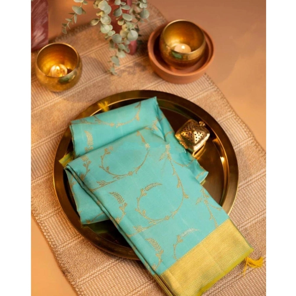 Generic Women's Soft Litchi Silk Jacquard Work Saree With Unstitched Blouse 5.5Mtr (Sky Blue)