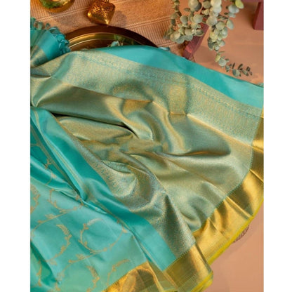 Generic Women's Soft Litchi Silk Jacquard Work Saree With Unstitched Blouse 5.5Mtr (Sky Blue)