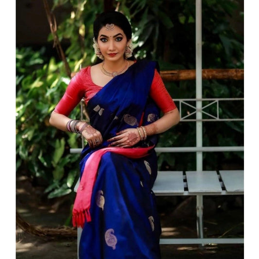 Generic Women's Soft Litchi Silk Jacquard Work Saree With Unstitched Blouse 5.5Mtr (Blue)