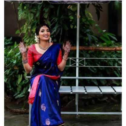 Generic Women's Soft Litchi Silk Jacquard Work Saree With Unstitched Blouse 5.5Mtr (Blue)