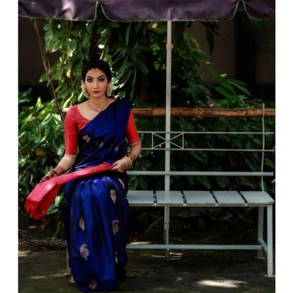 Generic Women's Soft Litchi Silk Jacquard Work Saree With Unstitched Blouse 5.5Mtr (Blue)