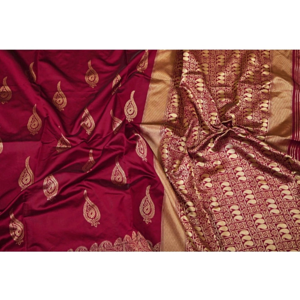 Generic Women's Soft Litchi Silk Jacquard Work Saree With Unstitched Blouse 5.5Mtr (Maroon)