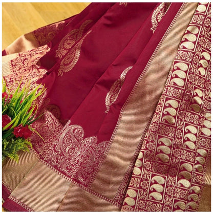 Generic Women's Soft Litchi Silk Jacquard Work Saree With Unstitched Blouse 5.5Mtr (Maroon)