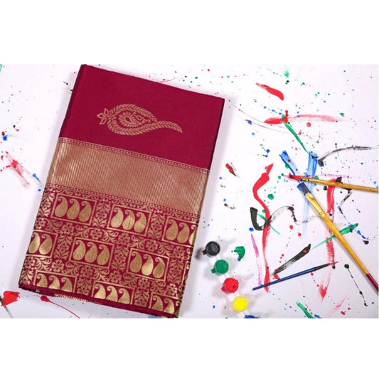 Generic Women's Soft Litchi Silk Jacquard Work Saree With Unstitched Blouse 5.5Mtr (Maroon)