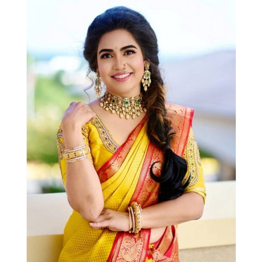 Generic Women's Soft Litchi Silk Jacquard Work Saree With Unstitched Blouse 5.5Mtr (Yellow)