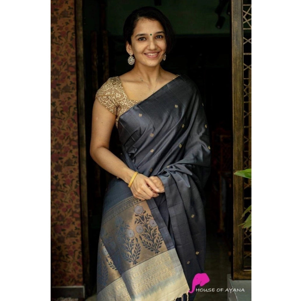 Generic Women's Soft Litchi Silk Jacquard Work Saree With Unstitched Blouse 5.5Mtr (Gray)