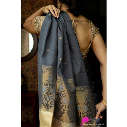 Generic Women's Soft Litchi Silk Jacquard Work Saree With Unstitched Blouse 5.5Mtr (Gray)