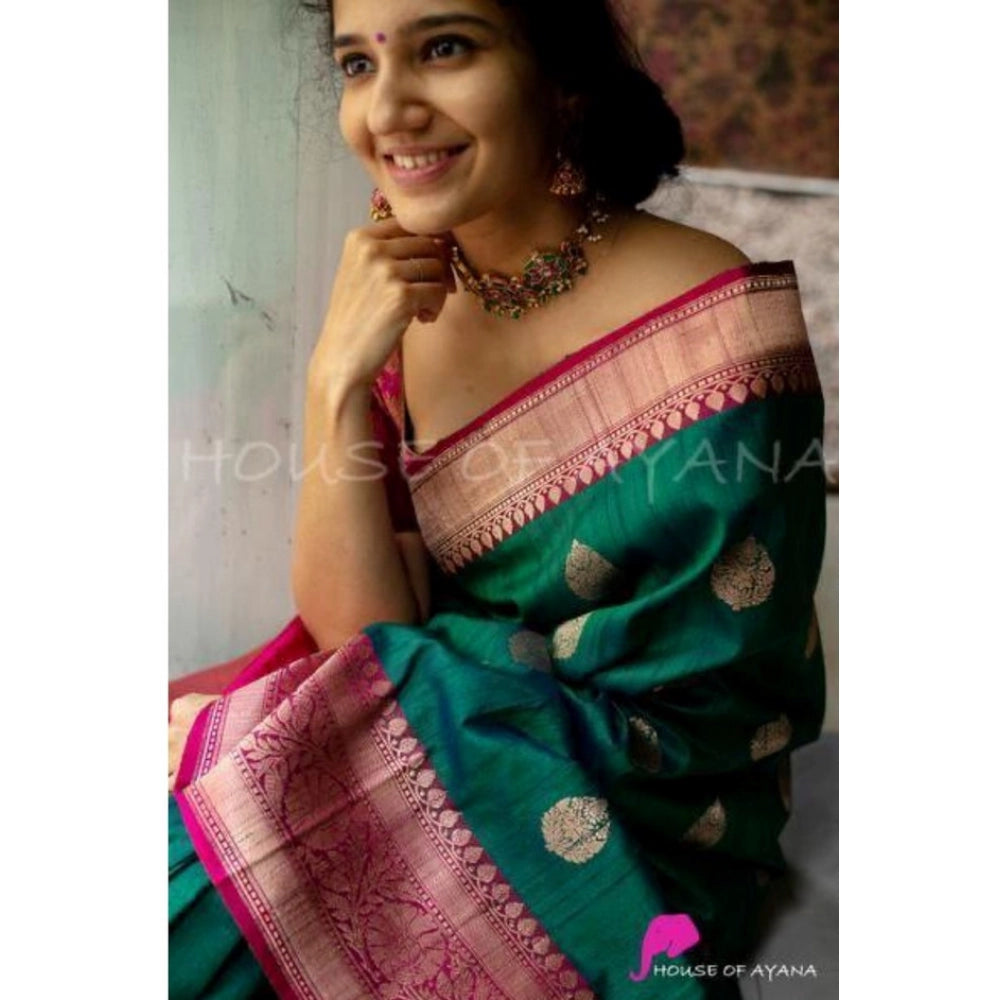 Generic Women's Soft Litchi Silk Jacquard Work Saree With Unstitched Blouse 5.5Mtr (Green)