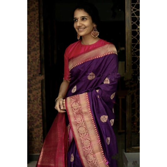 Generic Women's Soft Litchi Silk Jacquard Work Saree With Unstitched Blouse 5.5Mtr (Purple)