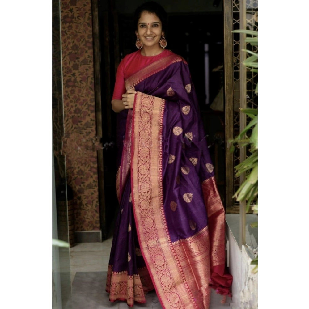 Generic Women's Soft Litchi Silk Jacquard Work Saree With Unstitched Blouse 5.5Mtr (Purple)