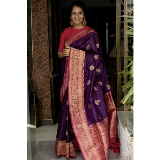 Generic Women's Soft Litchi Silk Jacquard Work Saree With Unstitched Blouse 5.5Mtr (Purple)