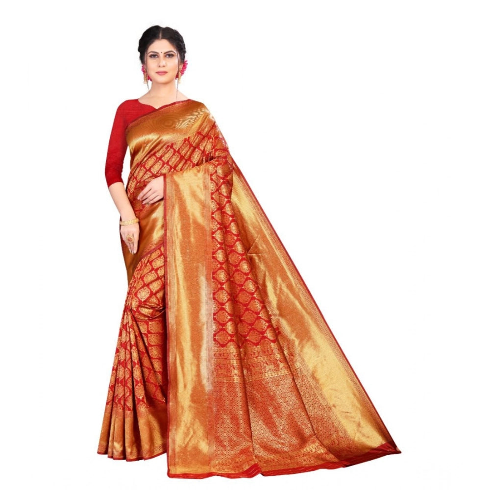 Generic Women's Soft Litchi Silk Jacquard Work Saree With Unstitched Blouse 5.5Mtr (Red)