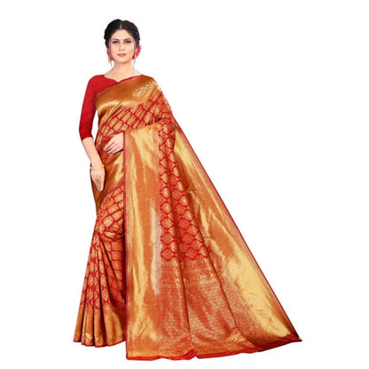 Generic Women's Soft Litchi Silk Jacquard Work Saree With Unstitched Blouse 5.5Mtr (Red)