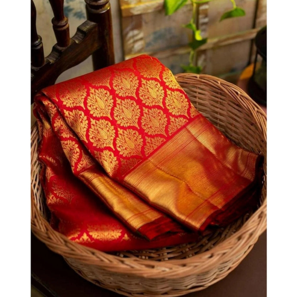 Generic Women's Soft Litchi Silk Jacquard Work Saree With Unstitched Blouse 5.5Mtr (Red)