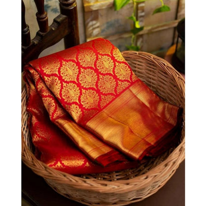 Generic Women's Soft Litchi Silk Jacquard Work Saree With Unstitched Blouse 5.5Mtr (Red)