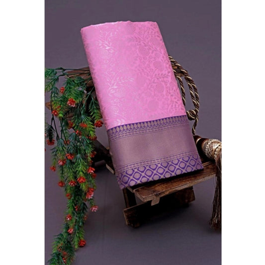 Generic Women's Soft Litchi Silk Jacquard Work Saree With Unstitched Blouse 5.5Mtr (Pink)
