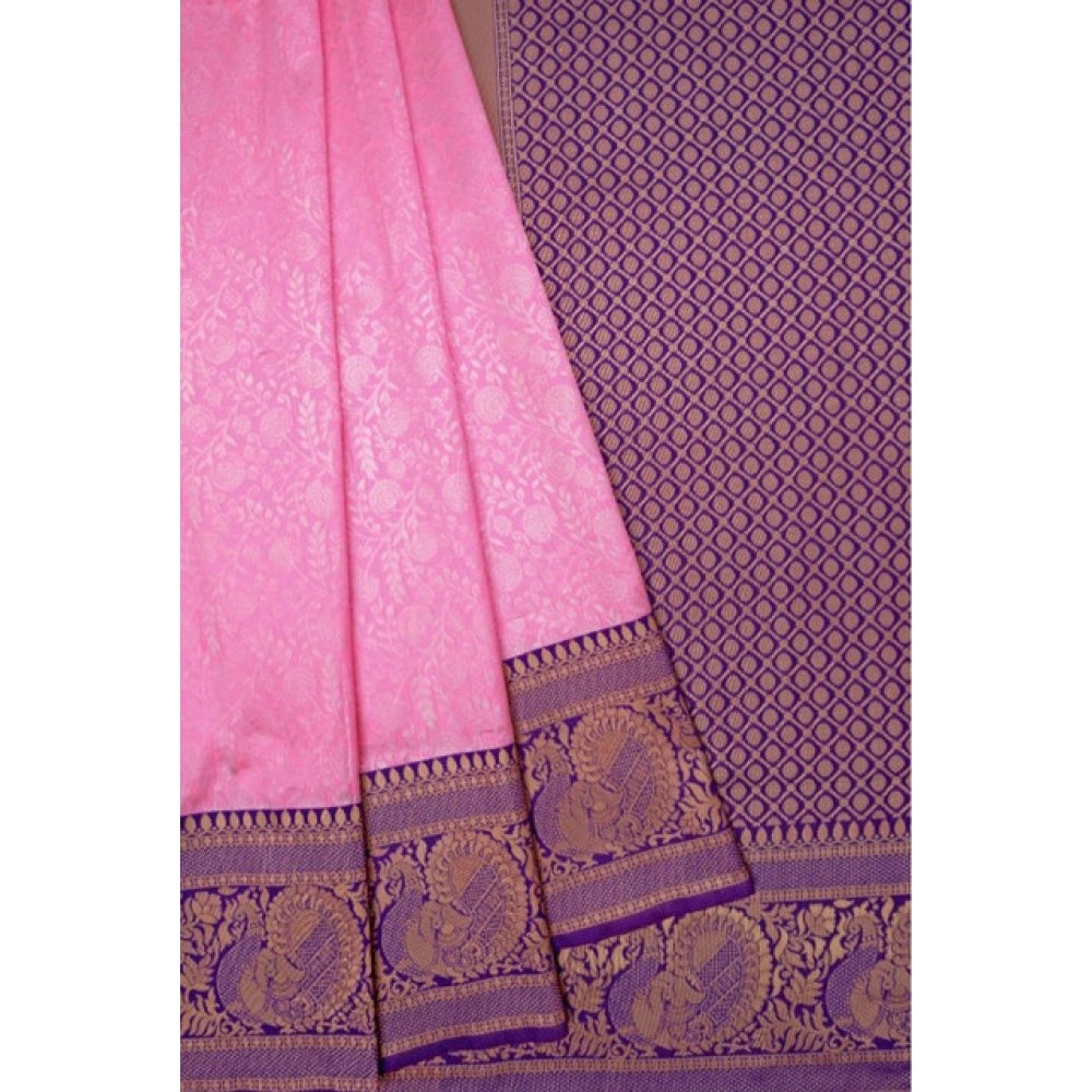 Generic Women's Soft Litchi Silk Jacquard Work Saree With Unstitched Blouse 5.5Mtr (Pink)