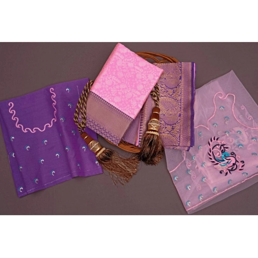 Generic Women's Soft Litchi Silk Jacquard Work Saree With Unstitched Blouse 5.5Mtr (Pink)