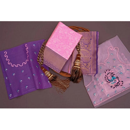 Generic Women's Soft Litchi Silk Jacquard Work Saree With Unstitched Blouse 5.5Mtr (Pink)