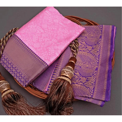 Generic Women's Soft Litchi Silk Jacquard Work Saree With Unstitched Blouse 5.5Mtr (Pink)