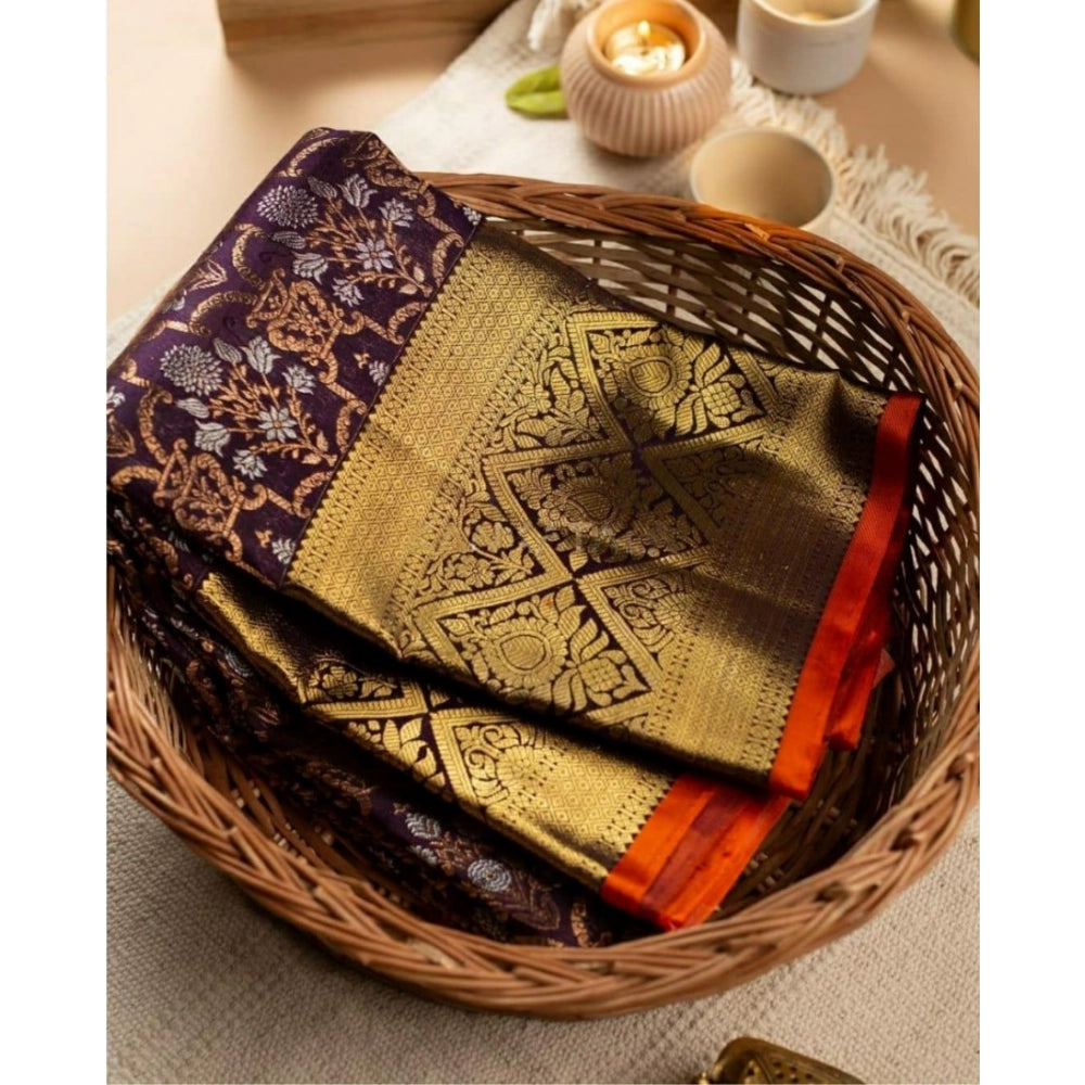 Generic Women's Soft Litchi Silk Jacquard Work Saree With Unstitched Blouse 5.5Mtr (Purple)